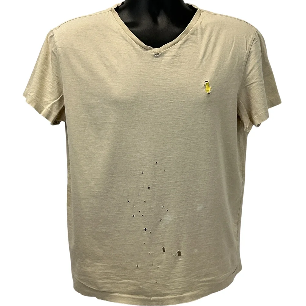 Distressed Polo Ralph Lauren T Shirt M Medium Beige V Neck Small Pony Destroyed